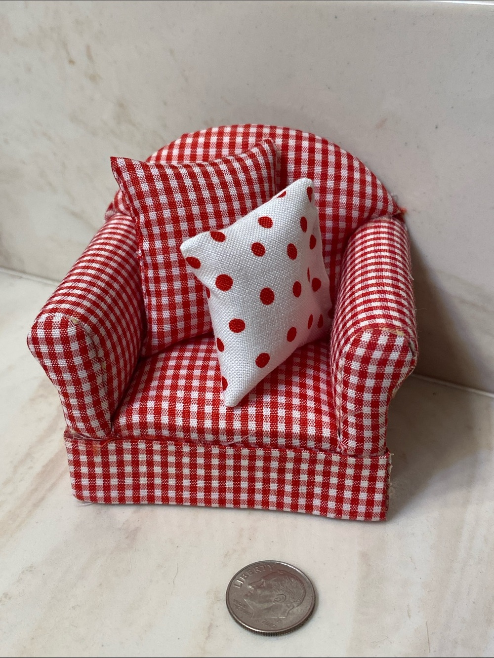 Miniature dollhouse 1:12 scale Red Gingham Accent Chair with Polka Dot Pillow